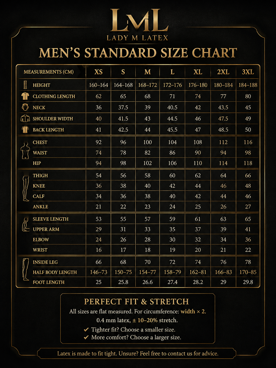 Lady M Latex men’s size guide, sizes XS to 3XL with measurements in centimetres